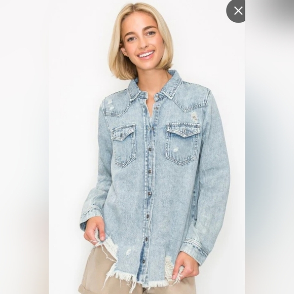 Risen Distressed Fringe Acid Washed Denim Blue Cotton Shirt Jacket Size XLarge - Picture 1 of 8